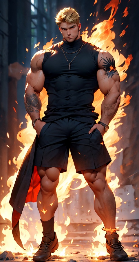  handsome male,upper body portrait,young,solo,big muscle,(thick arms),(big pecs),black shorts,black vest,( long legs),slim,1male,slender waist,hands in pockets,abdominal muscle,blonde hair,black skin,black sleeveless turtleneck top,Tattoos on arms,niji5, flamebringer (arknights)