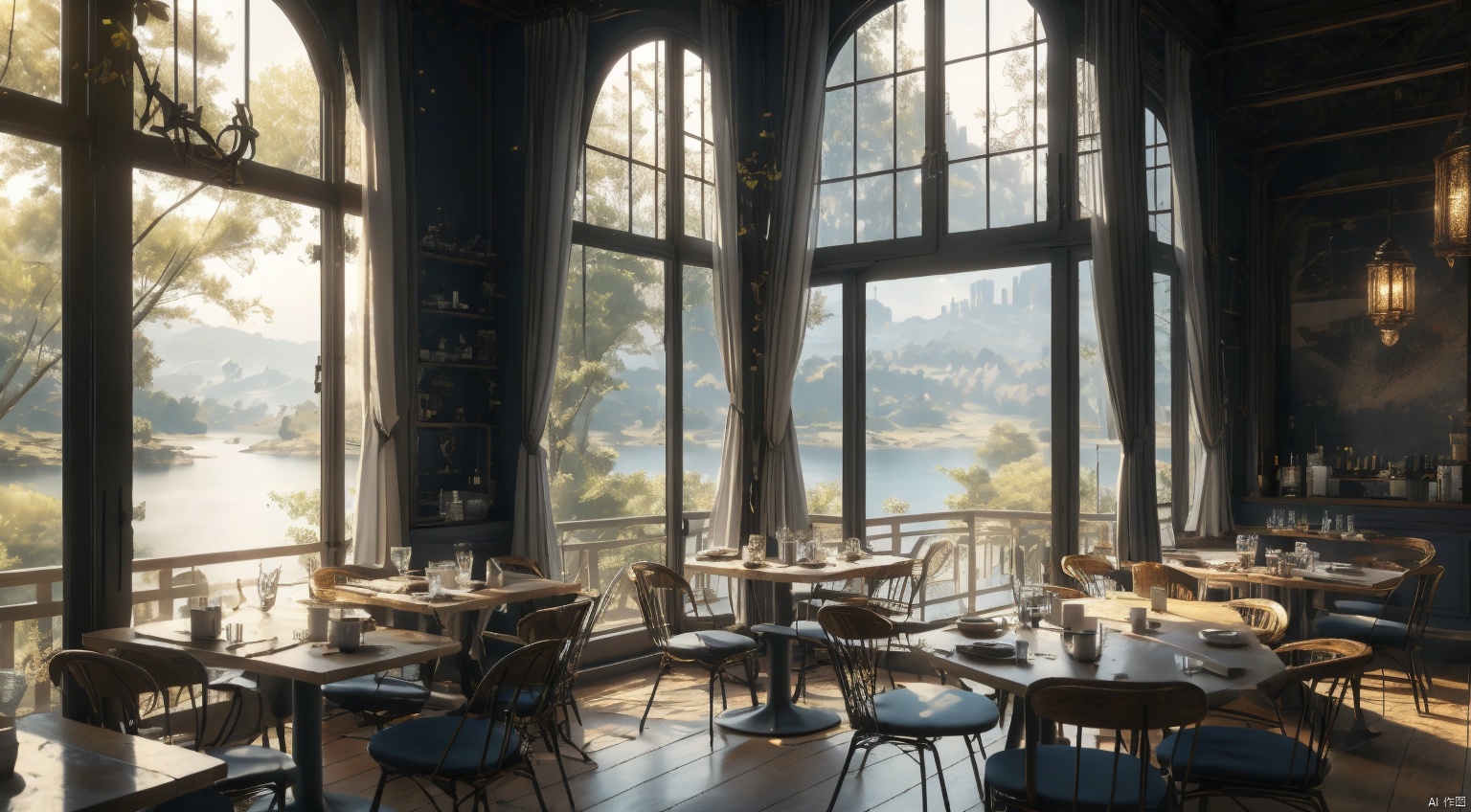  indoor,restaurant,purple and black room,dining-table,Abundant food on the dining table,chair,Simple french window,sliding doors, lamp, architecture,(Gothic style:1),French window,Simple french window,Tied up sheer curtains,Open Windows,Open french window,bright warm sunlight,The lakes and Forest Outside the Window,lakes,forest,intersting lights and shadows,8k hd, (highly detailed background, amazing background),(masterpiece), best quality, ultra detail, (intricate detail),dynamic lighting, perfect lighting, detailed shadows,(wide dynamic range:1.5)