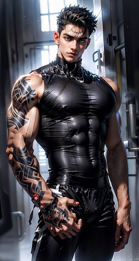  handsome male,upper body portrait,young,solo,big muscle,(thick arms),(big pecs),( long legs),slim,1male,slender waist,hands in pockets,(an open sleeveless jacket),(black vest),tattoos on arms, black bodysuit, fu, trailblazer,bodysuit,(large pectorals:1.5),(shiny skin:1)