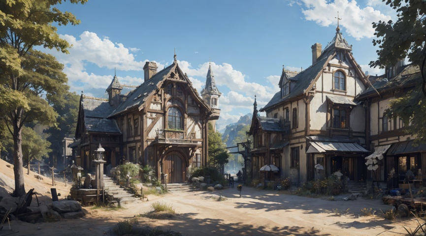  realistic, masterpiece, best quality, cinematic, dynamic lighting, natural shadow, ray tracing, volumetric lighting, highest detail, professional photography, detailed background,insane details, intricate, aesthetic,detailed matte painting,fantastic and intricate details,Bright color tones,Sunny Weather,fantasy concept art,8k resolution trending on Artstation Unreal Engine,medieval city,Compact architecture,Many people