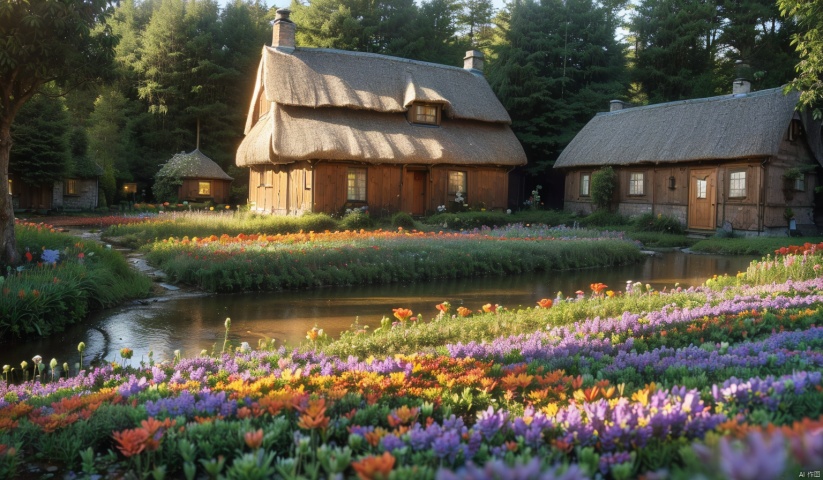  (forest:1.7),(Different varieties of trees:1.7),(Medieval Cottage:1.7),(The flower field next to the small house:1.7),(The stream next to the small house:1.7),complex and detailed background,realistic,best quality,dynamic lighting,natural shadow,ray tracing,volumetric lighting,highest detail,detailed background,intricate, Flower sea, FanSwa