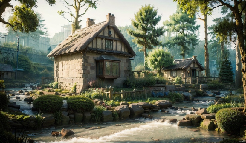  (forest:1.7),(Different varieties of trees:1.7),(Medieval Cottage:1.7),(The stream next to the small house:1.7),complex and detailed background,realistic,best quality,dynamic lighting,natural shadow,ray tracing,volumetric lighting,highest detail,detailed background,intricate