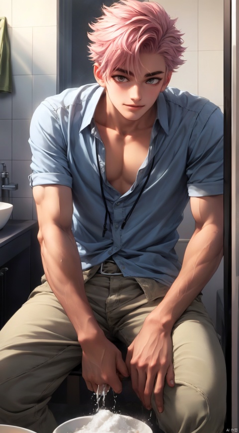  boy,Young male,A handsome boy,A strong boy,Young face, Male focus,Pink hair,A shy smile,bathroom, 1male, 1boy, shota, leikete