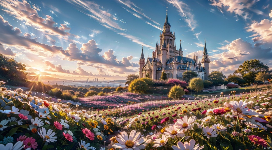  Flower Sea,Many flowers,Bright Sunshine, Flower sea,A castle in the distance,(A complex and detailed background),realistic,best quality,dynamic lighting,natural shadow,ray tracing,volumetric lighting,highest detail,detailed background,insane details,intricate,detailed face,detailed skin,subsurface scattering, gothichorrorai