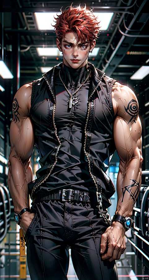  handsome male,upper body portrait,young,solo,big muscle,(thick arms),(big pecs),( long legs),slim,1male,slender waist,hands in pockets,red hair,(an open sleeveless jacket),(black vest),tattoos on arms, black bodysuit, fu