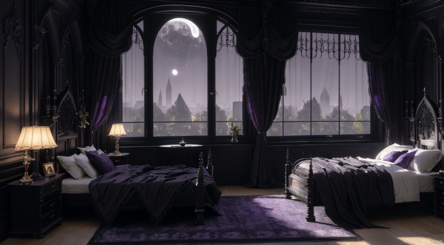  indoor,a bedroom,bedroom,purple and black room,Wide double bed,vase,The flowers in the vase,candlestick,Candles burning on the candlestick,(Gothic style:1.5),French window,Simple french window,Tied up sheer curtains,Open Windows,Open french window,night,The Moon and Forest Outside the Window,moon,moonlight,forest,architecture,intersting lights and shadows,ultra realistic, unreal engine 5, studio lighting, cinematic, High Detail, dramatic, cinematic, 8k, highres , extremely detailed CG unity 8k wallpaper, realistic, masterpiece, highest quality, lens flare, unreal engine, trending on ArtStation, Intricate, High Detail, realism, beautiful and detailed lighting, shadows, bedroomai