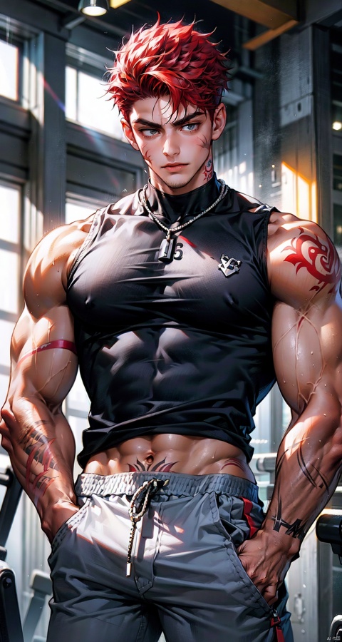  handsome male,upper body portrait,young,solo,big muscle,(thick arms),(big pecs),( long legs),slim,1male,slender waist,hands in pockets,abdominal muscle,Red hair,black short sleeved shirt,Black vest,Tattoos on arms