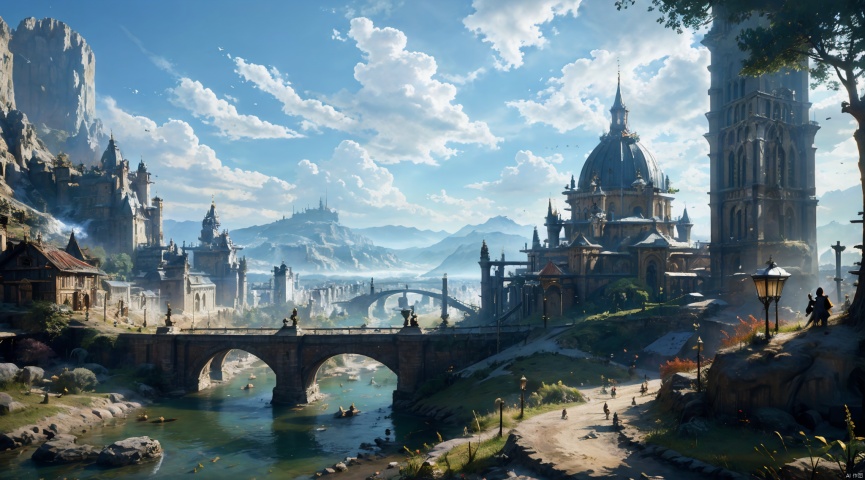  realistic, masterpiece, best quality, cinematic, dynamic lighting, natural shadow, ray tracing, volumetric lighting, highest detail, professional photography, detailed background,insane details, intricate, aesthetic,detailed matte painting,fantastic and intricate details,Bright color tones,Sunny Weather,fantasy concept art,8k resolution trending on Artstation Unreal Engine,medieval city,Compact architecture,Many people,Multiple buildings