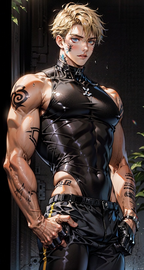 handsome male,upper body portrait,young,solo,big muscle,(thick arms),(big pecs),( long legs),slim,1male,slender waist,hands in pockets,abdominal muscle,blonde hair,Wearing a black sleeveless high neck top with a black vest,black shorts,Tattoos on arms,niji5, flamebringer (arknights), black bodysuit