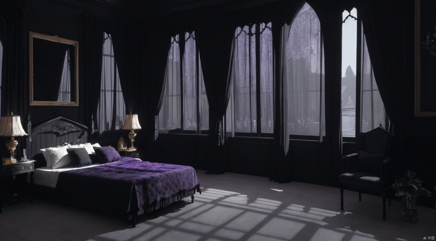 indoor,a bedroom,bedroom,purple and black room,(Gothic style:1.5),night,moon,moonlight,French window,Simple french window,Sheer curtains,Open Windows,Open french window,The forest and clear lake outside the window,forest,A clear lake,bed,sofa,table, chair,teacup,teapot,Tea set combination,vase,The flowers in the vase,candlestick,sliding doors, lamp, architecture,intersting lights and shadows,(highly detailed background, amazing background),(masterpiece), best quality, ultra detail, (intricate detail),digital painting, dynamic lighting, perfect lighting, detailed shadows, (wide dynamic range:1.5)