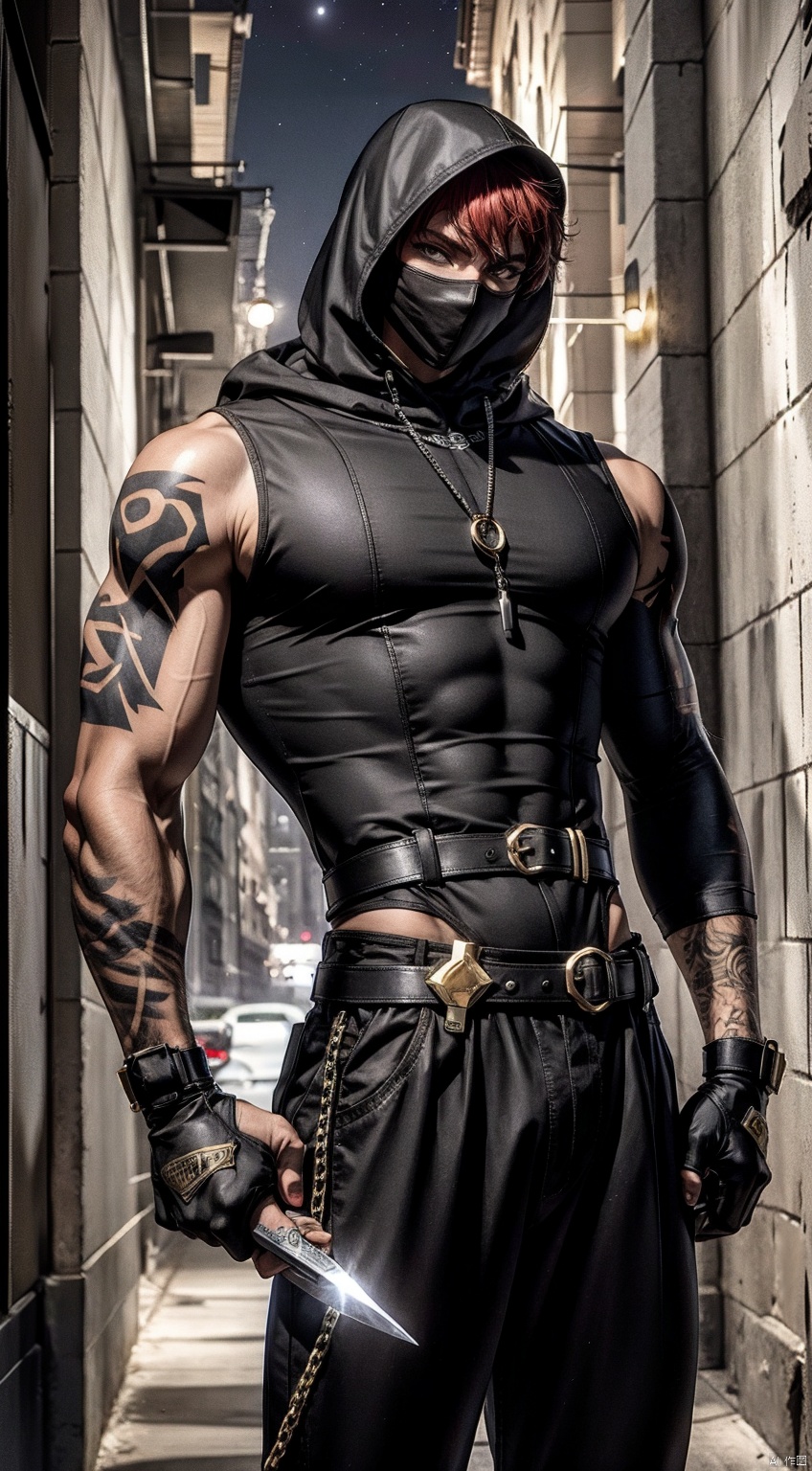  boy,Young male,A handsome boy,A strong boy,Young face,A wild smile,(Red short hair:1.6),(Wearing black high necked sleeveless tight fitting clothes:1.6),(Wearing a hood:1.6),(Wearing a black cloth mask:1.6),(Tight fitting clothing:1.6),(large pectorals:1.6),(The black tattoo on the arm:1.4),(Holding a dagger in hand:1.6),(The belt has many sharp metal pendants:1.6),broad shoulders,slender waist,Wide shoulders and narrow waist,abdominal muscle,(shiny skin:1),(dark skin:1.6),(long legs),(night:1.6),Middle Ages Alley,(A medieval alley at night:1.6),(A complex and detailed background),realistic,best quality,dynamic lighting,natural shadow,ray tracing,volumetric lighting,highest detail,detailed background,insane details,intricate,detailed face,detailed skin,subsurface scattering, leikete, black bodysuit, trailblazer