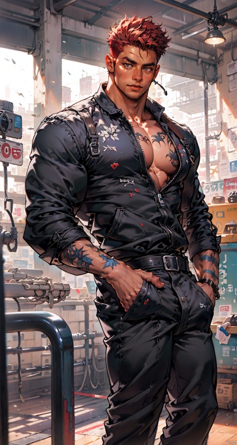  handsome male,upper body portrait,young,solo,big muscle,(thick arms),(big pecs),( long legs),slim,1male,slender waist,hands in pockets,red hair,an open black jacket,black vest,tattoos on arms