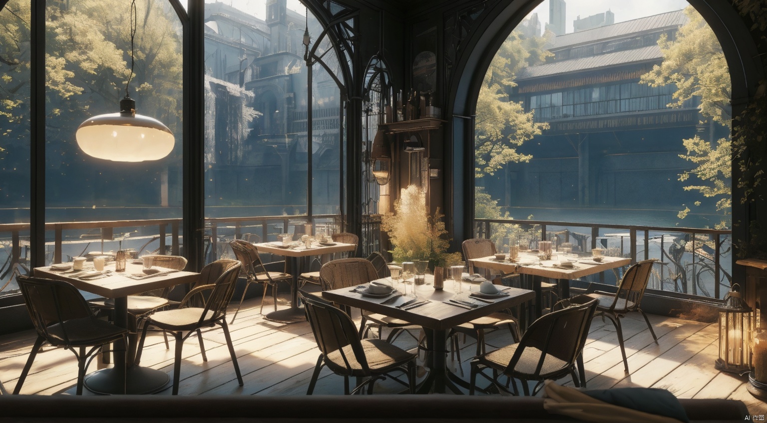  indoor,restaurant,purple and black room,dining-table,Abundant food on the dining table,chair,Simple french window,sliding doors, lamp, architecture,(Gothic style:1),French window,Simple french window,Tied up sheer curtains,Open Windows,Open french window,bright warm sunlight,The lakes and Forest Outside the Window,lakes,forest,intersting lights and shadows,8k hd, (highly detailed background, amazing background),(masterpiece), best quality, ultra detail, (intricate detail),dynamic lighting, perfect lighting, detailed shadows,(wide dynamic range:1.5)