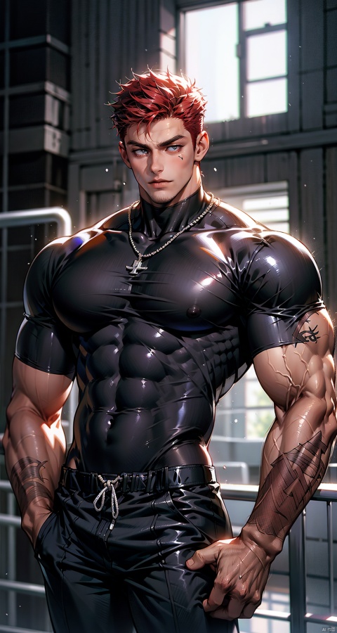  handsome male,upper body portrait,young,solo,big muscle,(thick arms),(big pecs),( long legs),slim,1male,slender waist,hands in pockets,abdominal muscle,Red hair,black short sleeved shirt,Black vest,Tattoos on arms, black bodysuit,bodysuit, Muscular Male, fu