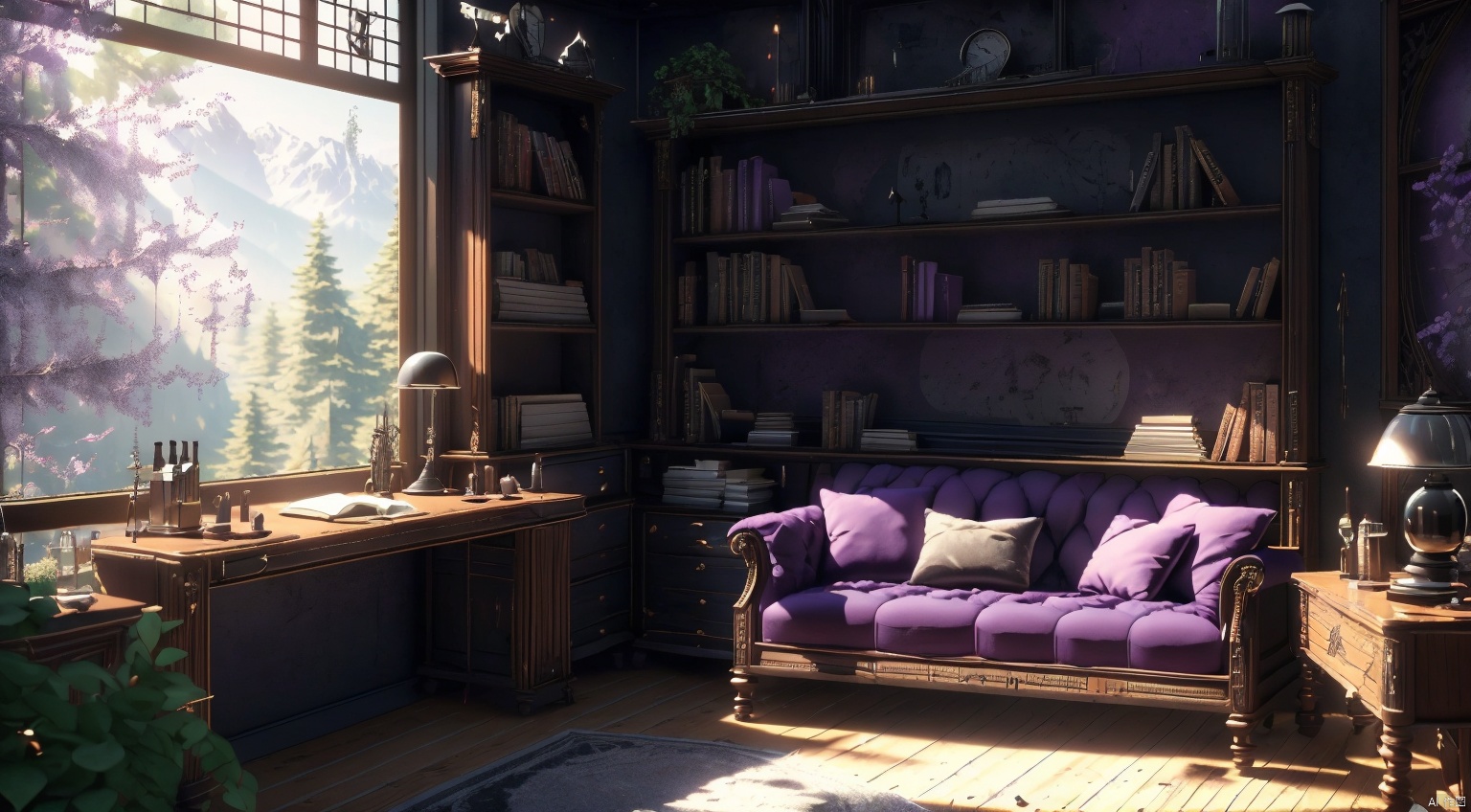  indoor,a study,study,purple and black room,Bookcase,(A bookcase occupying an entire wall:1.6),sofa,table,desk,chair,Simple french window,sliding doors,test tube,Various colored reagents in test tubes,(Gothic style:1),French window,Simple french window,Tied up sheer curtains,Open Windows,Open french window,bright warm sunlight,The lakes and Forest Outside the Window,lakes,forest,intersting lights and shadows,4k hd, (highly detailed background),(masterpiece), best quality, ultra detail, (intricate detail),dynamic lighting, perfect lighting, detailed shadows,(wide dynamic range:1.5), gothic, cozy animation scenes