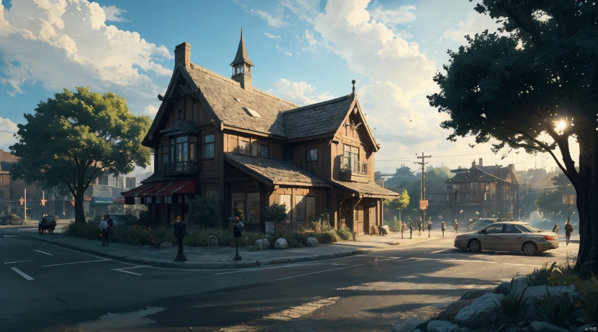  realistic, masterpiece, best quality, cinematic, dynamic lighting, natural shadow, ray tracing, volumetric lighting, highest detail, professional photography, detailed background,insane details, intricate, aesthetic,detailed matte painting,fantastic and intricate details,Bright color tones,Sunny Weather,fantasy concept art,8k resolution trending on Artstation Unreal Engine,medieval city,Compact architecture,Many people,Multiple buildings