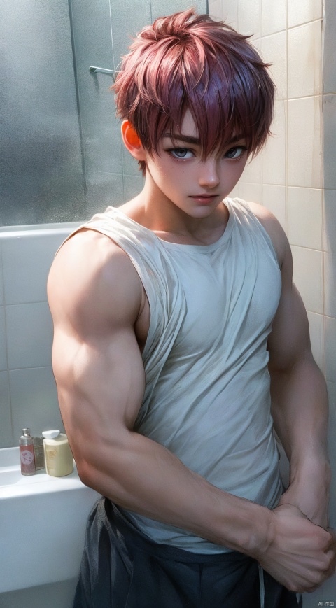  boy,Young male,A handsome boy,A strong boy,Young face, Male focus,Pink hair,A shy smile,bathroom, 1male, 1boy, shota, leikete