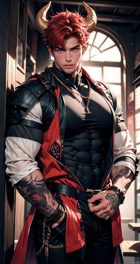  handsome male,upper body portrait,young,solo,big muscle,(thick arms),(big pecs),( long legs),slim,1male,slender waist,hands in pockets,abdominal muscle,Red hair,Black vest,Tattoos on arms,niji5, flamebringer (arknights),black bodysuit, hedelei,there are horns on the head,A strong male, black bodysuit, suncedhy
