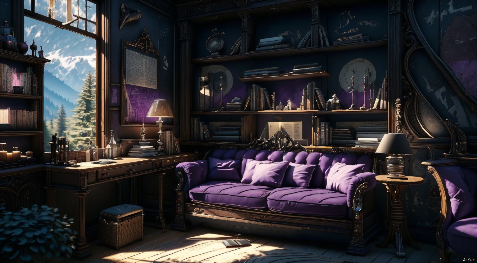  indoor,a study,study,purple and black room,Bookcase,(A bookcase occupying an entire wall:1.6),sofa,table,desk,chair,Simple french window,sliding doors,test tube,Various colored reagents in test tubes,(Gothic style:1),French window,Simple french window,Tied up sheer curtains,Open Windows,Open french window,bright warm sunlight,The lakes and Forest Outside the Window,lakes,forest,intersting lights and shadows,4k hd, (highly detailed background),(masterpiece), best quality, ultra detail, (intricate detail),dynamic lighting, perfect lighting, detailed shadows,(wide dynamic range:1.5), gothic, cozy animation scenes