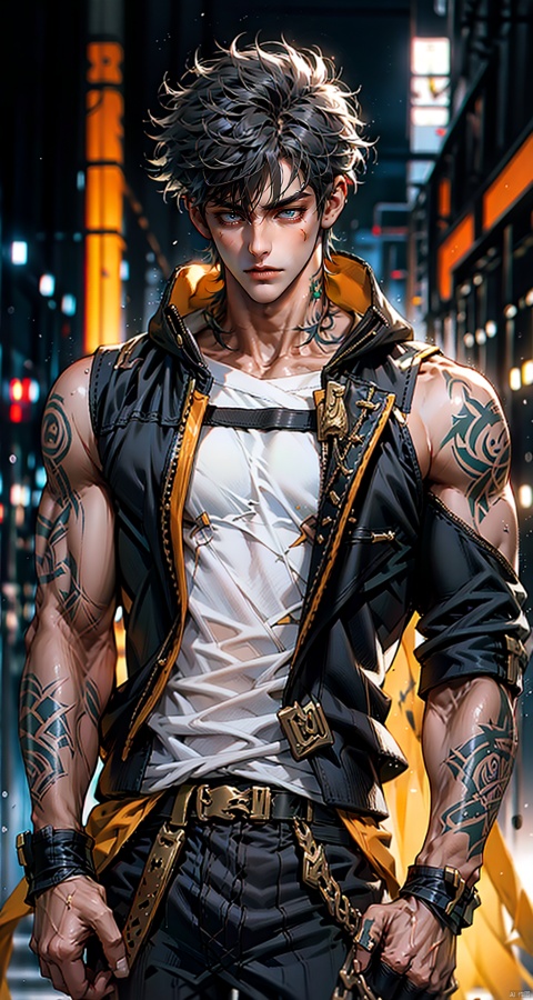  handsome male,upper body portrait,young,solo,big muscle,(thick arms),(big pecs),( long legs),slim,1male,slender waist,hands in pockets,(an open sleeveless jacket),(black vest),tattoos on arms, black bodysuit, fu, trailblazer