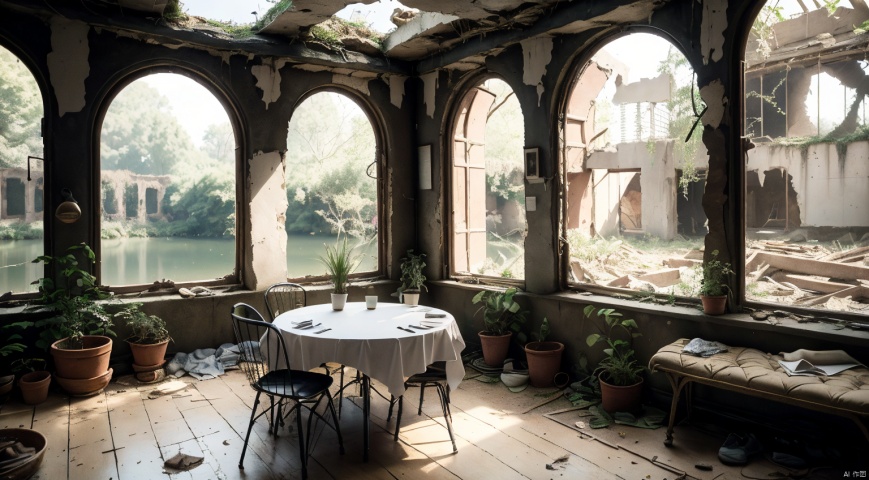 indoor,A dilapidated interior,dilapidated room,(ruins:1.6),A tattered sofa,A rundown table,A tattered chair,Simple french window,A dilapidated door, lamp,(Victorian style decoration:1.5),French window,Simple french window,Worn curtains,Open Windows,Open french window,bright warm sunlight,(The lakes and Forest Outside the Window:1.5),lakes,forest,intersting lights and shadows,8k hd,highly detailed background,amazing background,best quality, ultra detail, dynamic lighting, perfect lighting, detailed shadows