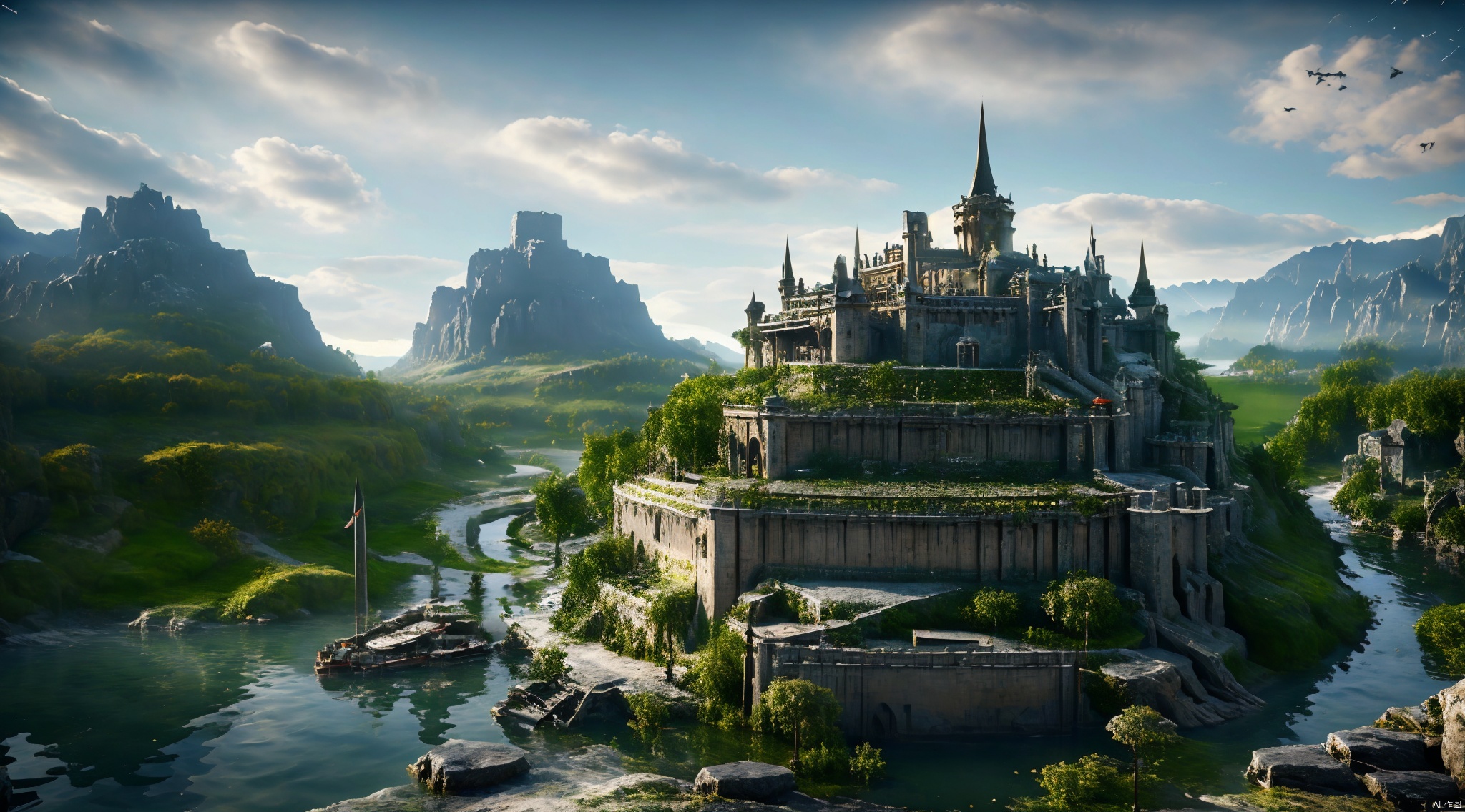  The surrounding decor contains green plants,detailed matte painting,fantastic and intricate details, fantasy concept art, 8k resolution trending on Artstation Unreal Engine, (\tong hua cheng bao\), RPG,castle, medieval,forest,coast,Liquid Sky,A prosperous town