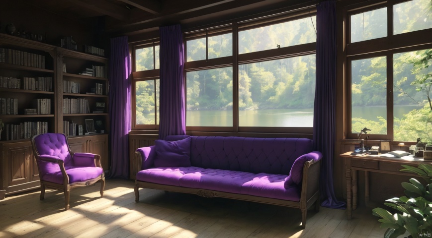 indoor,a study,study,purple and black room,Bookcase,A bookcase occupying an entire wall,sofa,table,desk,chair,Simple french window,sliding doors,test tube,Various colored reagents in test tubes,(Gothic style:1),French window,Simple french window,Tied up sheer curtains,Open Windows,Open french window,bright warm sunlight,The lakes and Forest Outside the Window,lakes,forest,intersting lights and shadows,4k hd, (highly detailed background),(masterpiece), best quality, ultra detail, (intricate detail),dynamic lighting, perfect lighting, detailed shadows,(wide dynamic range:1.5)