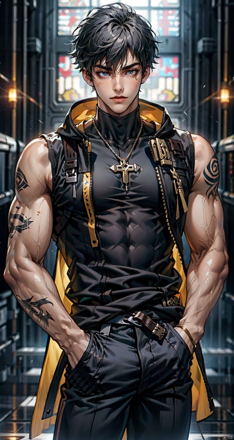  handsome male,upper body portrait,young,solo,big muscle,(thick arms),(big pecs),( long legs),slim,1male,slender waist,hands in pockets,(an open sleeveless jacket),(black vest),tattoos on arms, black bodysuit, fu, trailblazer, 1male