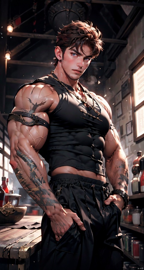 handsome male,a strong male,upper body portrait,young,solo,big muscle,(thick arms),(big pecs),( long legs),slim,1male,slender waist,hands in pockets,abdominal muscle,Red short hair,Black vest