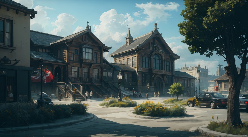  realistic, masterpiece, best quality, cinematic, dynamic lighting, natural shadow, ray tracing, volumetric lighting, highest detail, professional photography, detailed background,insane details, intricate, aesthetic,detailed matte painting,fantastic and intricate details,Bright color tones,Sunny Weather,fantasy concept art,8k resolution trending on Artstation Unreal Engine,medieval city,Compact architecture,Many people,Multiple buildings