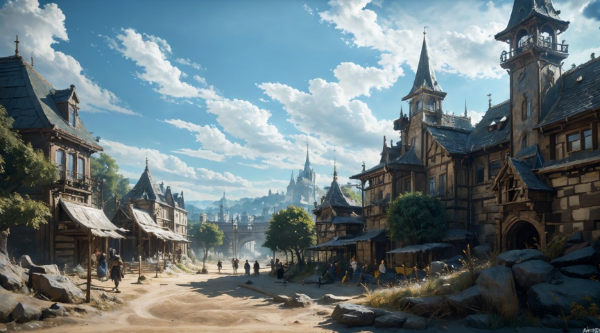  realistic, masterpiece, best quality, cinematic, dynamic lighting, natural shadow, ray tracing, volumetric lighting, highest detail, professional photography, detailed background,insane details, intricate, aesthetic,detailed matte painting,fantastic and intricate details,Bright color tones,Sunny Weather,fantasy concept art,8k resolution trending on Artstation Unreal Engine,medieval city,Compact architecture,Many people,Multiple buildings