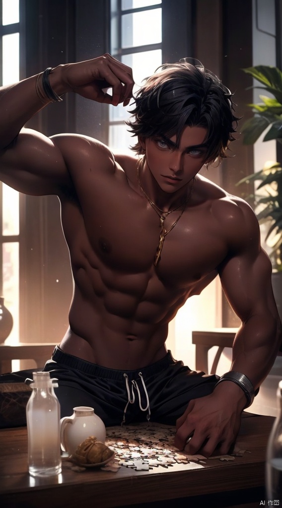  boy,Young male,A handsome boy,A strong boy,Young face, gran, male focus, dark skin,Dark-skinned male, theresis, puzzle_arknights