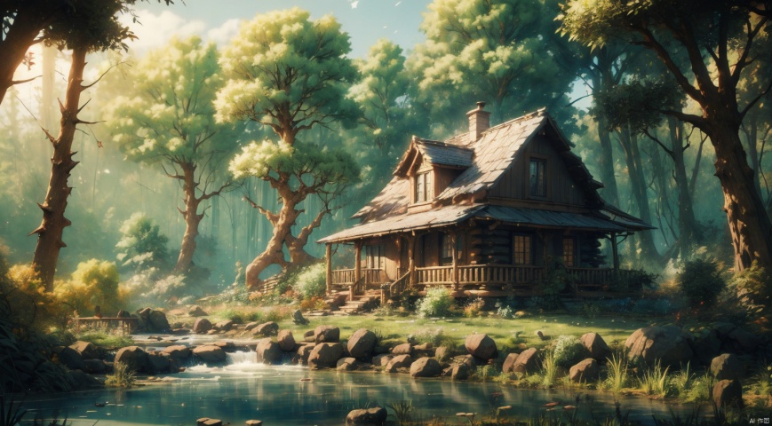  (forest:1.7),(Different varieties of trees:1.7),log cabin,The stream next to the small wooden house,The blue sky,Clear Sky,complex and detailed background,realistic,best quality,dynamic lighting,natural shadow,ray tracing,volumetric lighting,highest detail,detailed background,intricate, cozy animation scenes
