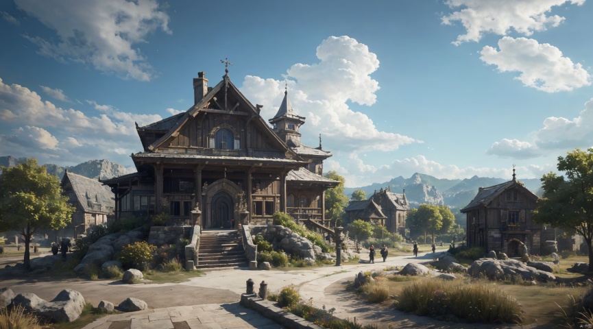  realistic, masterpiece, best quality, cinematic, dynamic lighting, natural shadow, ray tracing, volumetric lighting, highest detail, professional photography, detailed background,insane details, intricate, aesthetic,detailed matte painting,fantastic and intricate details,Bright color tones,Sunny Weather,fantasy concept art,8k resolution trending on Artstation Unreal Engine,medieval city,Compact architecture,Many people