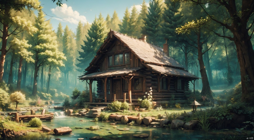 (forest:1.7),(Different varieties of trees:1.7),log cabin,The stream next to the small wooden house,The blue sky,Clear Sky,complex and detailed background,realistic,best quality,dynamic lighting,natural shadow,ray tracing,volumetric lighting,highest detail,detailed background,intricate