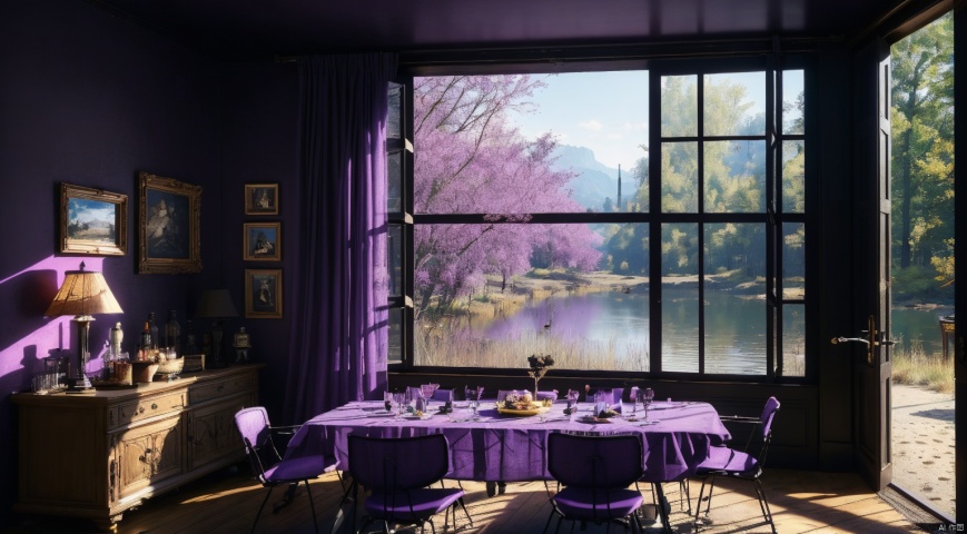  indoor,restaurant,purple and black room,dining-table,Abundant food on the dining table,chair,Simple french window,sliding doors, lamp, architecture,(Gothic style:1),French window,Simple french window,Tied up sheer curtains,Open Windows,Open french window,bright warm sunlight,The lakes and Forest Outside the Window,lakes,forest,intersting lights and shadows,8k hd, (highly detailed background, amazing background),(masterpiece), best quality, ultra detail, (intricate detail),dynamic lighting, perfect lighting, detailed shadows,(wide dynamic range:1.5)