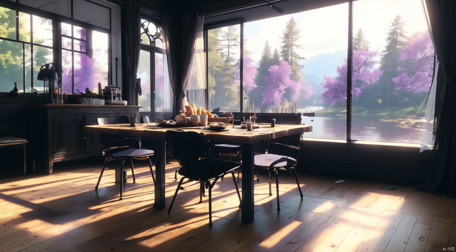 indoor,restaurant,purple and black room,dining-table,(Abundant food on the dining:1.6) table,chair,Simple french window,sliding doors, lamp, architecture,(Gothic style:1),French window,Simple french window,Tied up sheer curtains,Open Windows,Open french window,bright warm sunlight,The lakes and Forest Outside the Window,lakes,forest,intersting lights and shadows,8k hd, (highly detailed background, amazing background),(masterpiece), best quality, ultra detail, (intricate detail),dynamic lighting, perfect lighting, detailed shadows,(wide dynamic range:1.5)