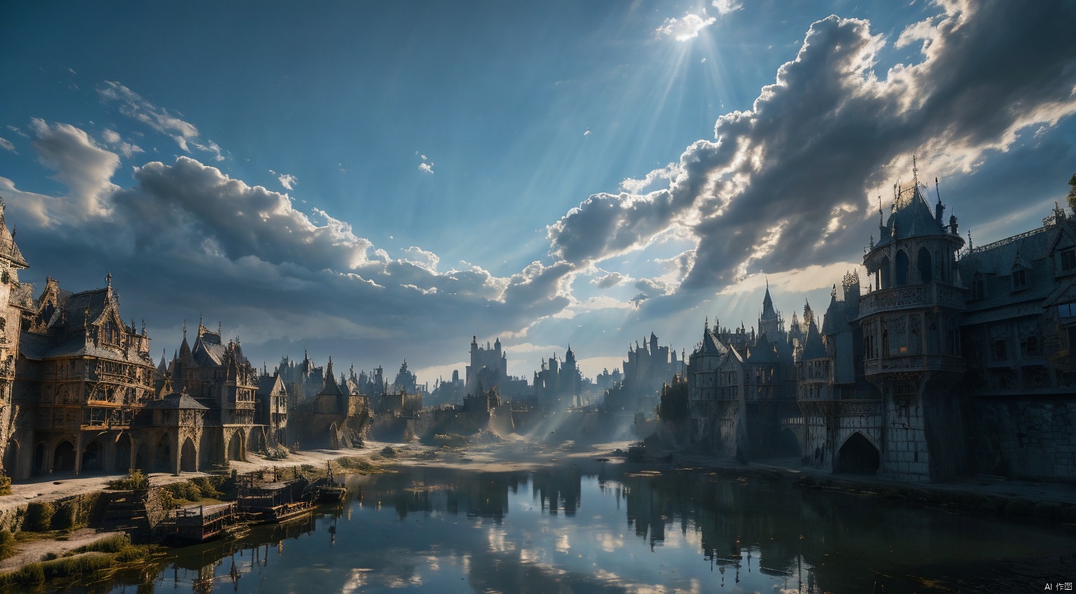  realistic, masterpiece, best quality, cinematic, dynamic lighting, natural shadow, ray tracing, volumetric lighting, highest detail, professional photography, detailed background,insane details, intricate, aesthetic,detailed matte painting,fantastic and intricate details,Bright color tones,Sunny Weather,fantasy concept art,8k resolution trending on Artstation Unreal Engine,medieval city,Compact architecture,Many people,Multiple buildings, castle, ttruins, gothic, FanSe, gothichorrorai