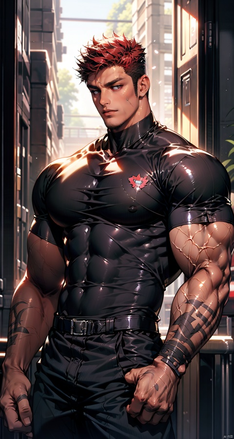  handsome male,upper body portrait,young,solo,big muscle,(thick arms),(big pecs),( long legs),slim,1male,slender waist,hands in pockets,abdominal muscle,Red hair,black short sleeved shirt,Black vest,Tattoos on arms, black bodysuit,bodysuit, Muscular Male, fu
