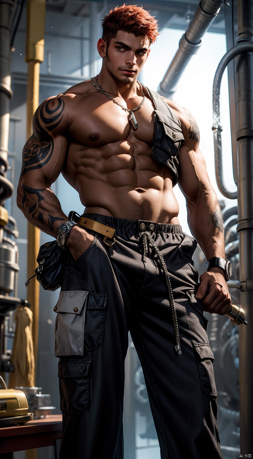  boy,Young male,A handsome boy,A strong boy,Young face,(Red short hair:1.5),(Not wearing clothes),(Bare upper body),(Mechanist pants:1.7),(Pants with plenty of pockets:1.7),(The pockets of the pants are filled with tools:1.7),(Holding a large pipeline mechanical device in hand:1.7),(large pectorals:1.4),(Tattoos on arms:1.4),slender waist,abs,abdominal muscle,(shiny skin:1),(dark skin:1.6),dark skin,(long legs),(Narrow and complex mechanical pipeline space:1.5),(wide dynamic range:1.5),realistic, masterpiece,best quality,cinematic,dynamic lighting, natural shadow, ray tracing, volumetric lighting, highest detail, professional photography, detailed background,insane details, intricate, aesthetic, detailed face, detailed skin, subsurface scattering, realistic hair,realistic eyes