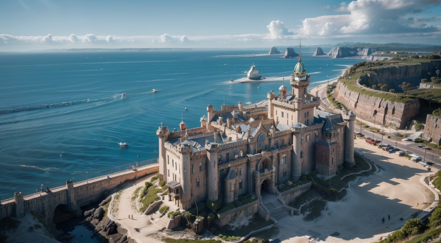  (sea:1.7),(coast:1.7),castle,magnificent castle,The blue sky,Clear Sky,complex and detailed background,realistic,best quality,dynamic lighting,natural shadow,ray tracing,volumetric lighting,highest detail,detailed background,intricate