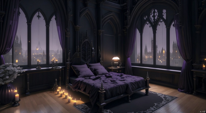  indoor,a bedroom,bedroom,purple and black room,Wide double bed,vase,The flowers in the vase,candlestick,Candles burning on the candlestick,(Gothic style:1.5),French window,Simple french window,Tied up sheer curtains,Open Windows,Open french window,night,The Moon and Forest Outside the Window,moon,moonlight,forest,architecture,intersting lights and shadows,ultra realistic, unreal engine 5, studio lighting, cinematic, High Detail, dramatic, cinematic, 8k, highres , extremely detailed CG unity 8k wallpaper, realistic, masterpiece, highest quality, lens flare, unreal engine, trending on ArtStation, Intricate, High Detail, realism, beautiful and detailed lighting, shadows, bedroomai, ais-crsd