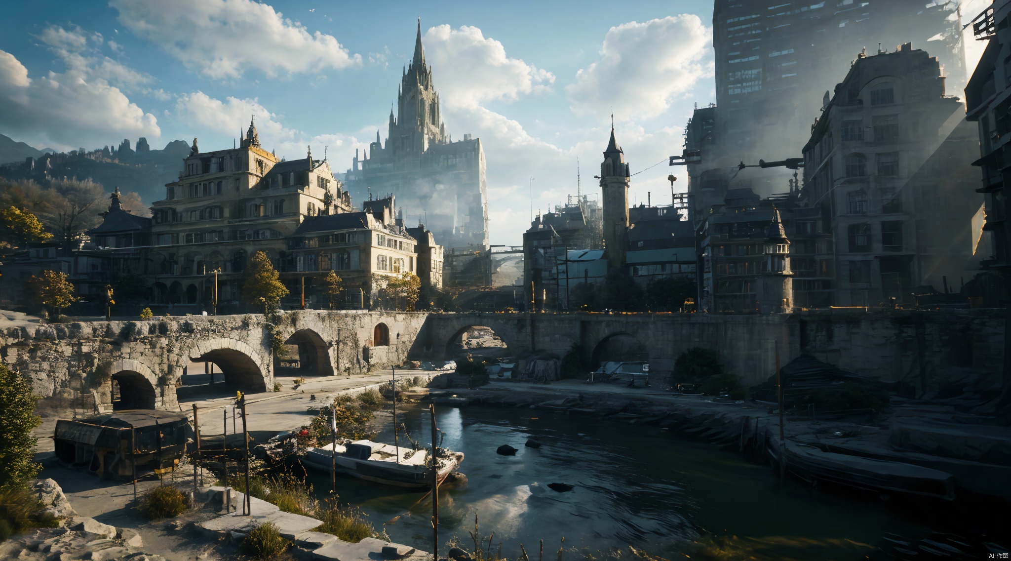  realistic, masterpiece, best quality, cinematic, dynamic lighting, natural shadow, ray tracing, volumetric lighting, highest detail, professional photography, detailed background,insane details, intricate, aesthetic,detailed matte painting,fantastic and intricate details,Bright color tones,Sunny Weather,fantasy concept art,8k resolution trending on Artstation Unreal Engine,medieval city,Compact architecture,Many people,Multiple buildings, castle, ttruins