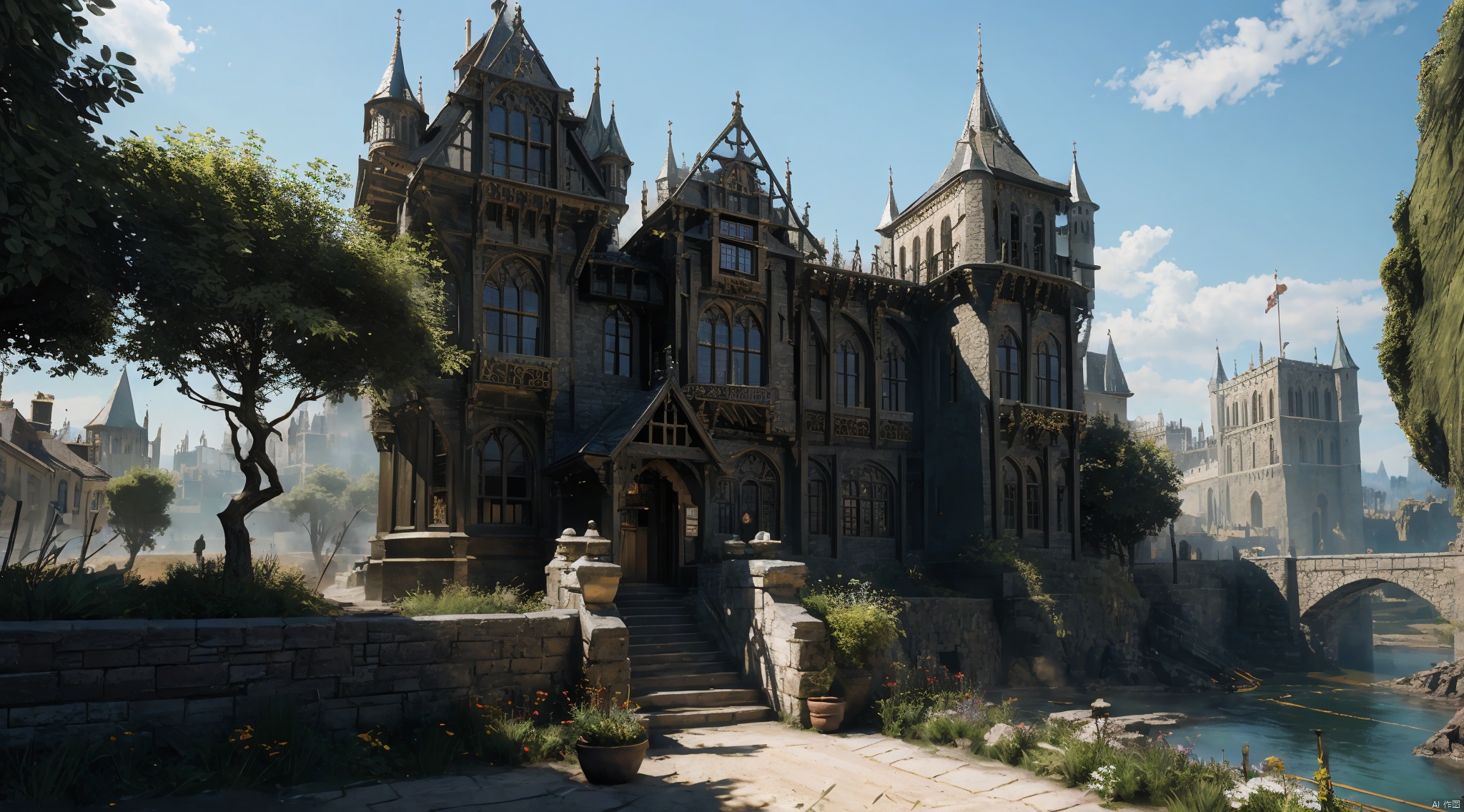  realistic, masterpiece, best quality, cinematic, dynamic lighting, natural shadow, ray tracing, volumetric lighting, highest detail, professional photography, detailed background,insane details, intricate, aesthetic,detailed matte painting,fantastic and intricate details,Bright color tones,Sunny Weather,fantasy concept art,8k resolution trending on Artstation Unreal Engine,medieval city,Compact architecture,Many people,Multiple buildings, castle, ttruins