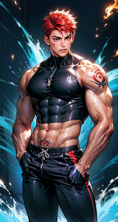  handsome male,upper body portrait,young,solo,big muscle,(thick arms),(big pecs),( long legs),slim,1male,slender waist,hands in pockets,abdominal muscle,Red hair,Black vest,Tattoos on arms,niji5, flamebringer (arknights), black bodysuit