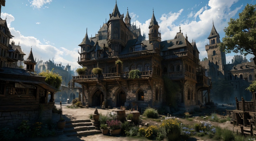  realistic, masterpiece, best quality, cinematic, dynamic lighting, natural shadow, ray tracing, volumetric lighting, highest detail, professional photography, detailed background,insane details, intricate, aesthetic,detailed matte painting,fantastic and intricate details,Bright color tones,Sunny Weather,fantasy concept art,8k resolution trending on Artstation Unreal Engine,medieval city,Compact architecture,Many people,Multiple buildings, castle, ttruins, gothic, FanSe