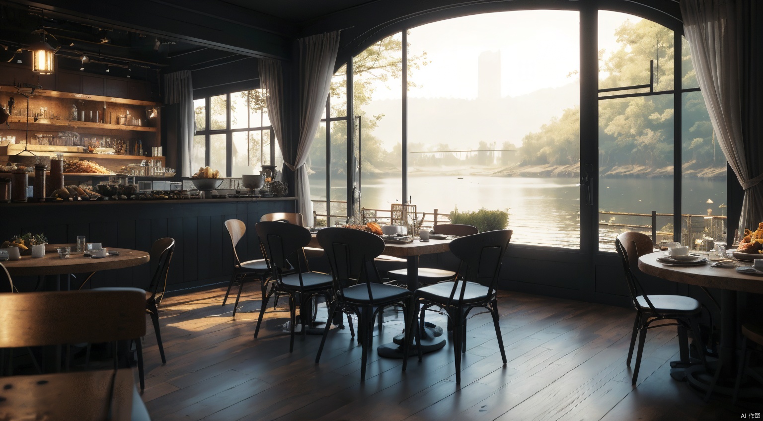 indoor,restaurant,purple and black room,dining-table,(Abundant food on the dining:1.6) table,chair,Simple french window,sliding doors, lamp, architecture,(Gothic style:1),French window,Simple french window,Tied up sheer curtains,Open Windows,Open french window,bright warm sunlight,The lakes and Forest Outside the Window,lakes,forest,intersting lights and shadows,8k hd, (highly detailed background, amazing background),(masterpiece), best quality, ultra detail, (intricate detail),dynamic lighting, perfect lighting, detailed shadows,(wide dynamic range:1.5)