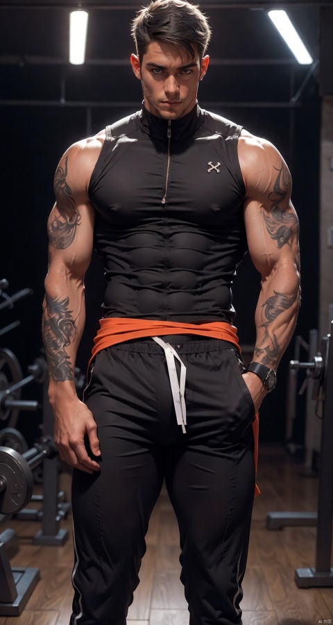  handsome male,upper body portrait,young,solo,big muscle,(thick arms),(big pecs),( long legs),slim,1male,slender waist,hands in pockets,(an open sleeveless jacket),(black vest),tattoos on arms, black bodysuit, fu, trailblazer, 1boy