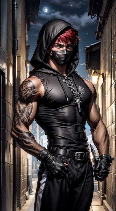  boy,16-year-old boy,Young male,A handsome boy,A strong boy,Young face,A wild smile,(Red short hair:1.5),(Wearing black high necked sleeveless tight fitting clothes:1.5),(Wearing a hood:1.5),(Wearing a black mask:1.5),(Tight fitting clothing:1.5),big muscle,(thick arms),(large pectorals:1.4),(Tattoos on arms:1.4),(Holding a dagger in hand:1.5),(There are many small daggers tied to the belt:1.5),broad shoulders,broad shoulders,slender waist,Wide shoulders and narrow waist,abdominal muscle,abs,(shiny skin:1),(dark skin:1.5),(long legs),(night:1.5),Middle Ages Alley,(A medieval alley at night:1.5),(A complex and detailed background),realistic,best quality,dynamic lighting,natural shadow,ray tracing,volumetric lighting,highest detail,detailed background,insane details,intricate,detailed face,detailed skin,subsurface scattering