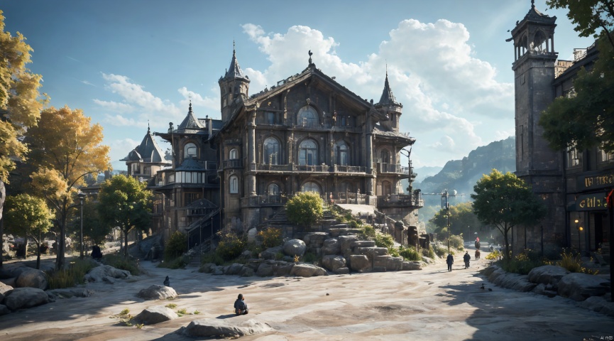  realistic, masterpiece, best quality, cinematic, dynamic lighting, natural shadow, ray tracing, volumetric lighting, highest detail, professional photography, detailed background,insane details, intricate, aesthetic,detailed matte painting,fantastic and intricate details,Bright color tones,Sunny Weather,fantasy concept art,8k resolution trending on Artstation Unreal Engine,medieval city,Compact architecture,Many people